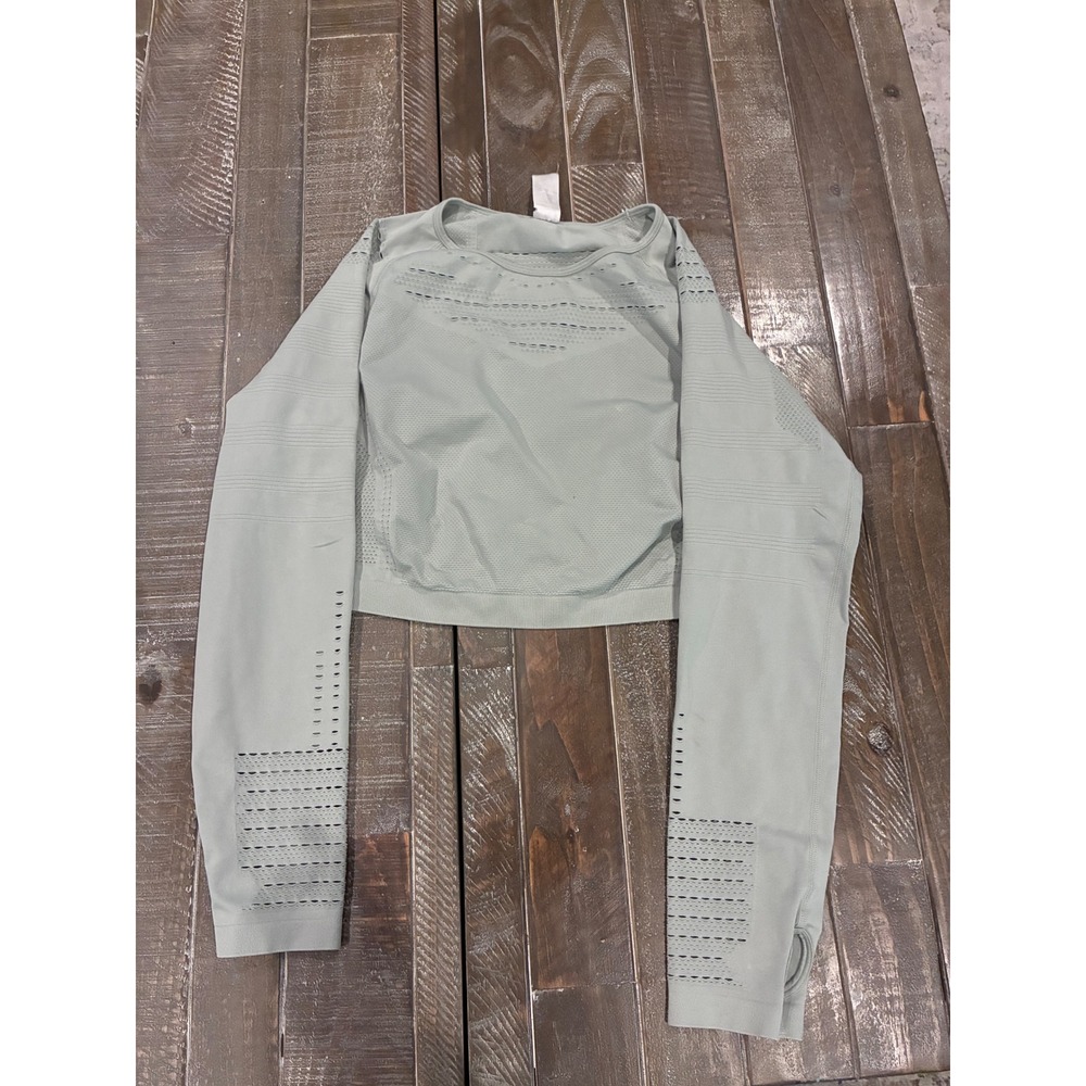 Sage Green Seamless Long Sleeve Crop Top Laser Cut Athletic Shirt Large